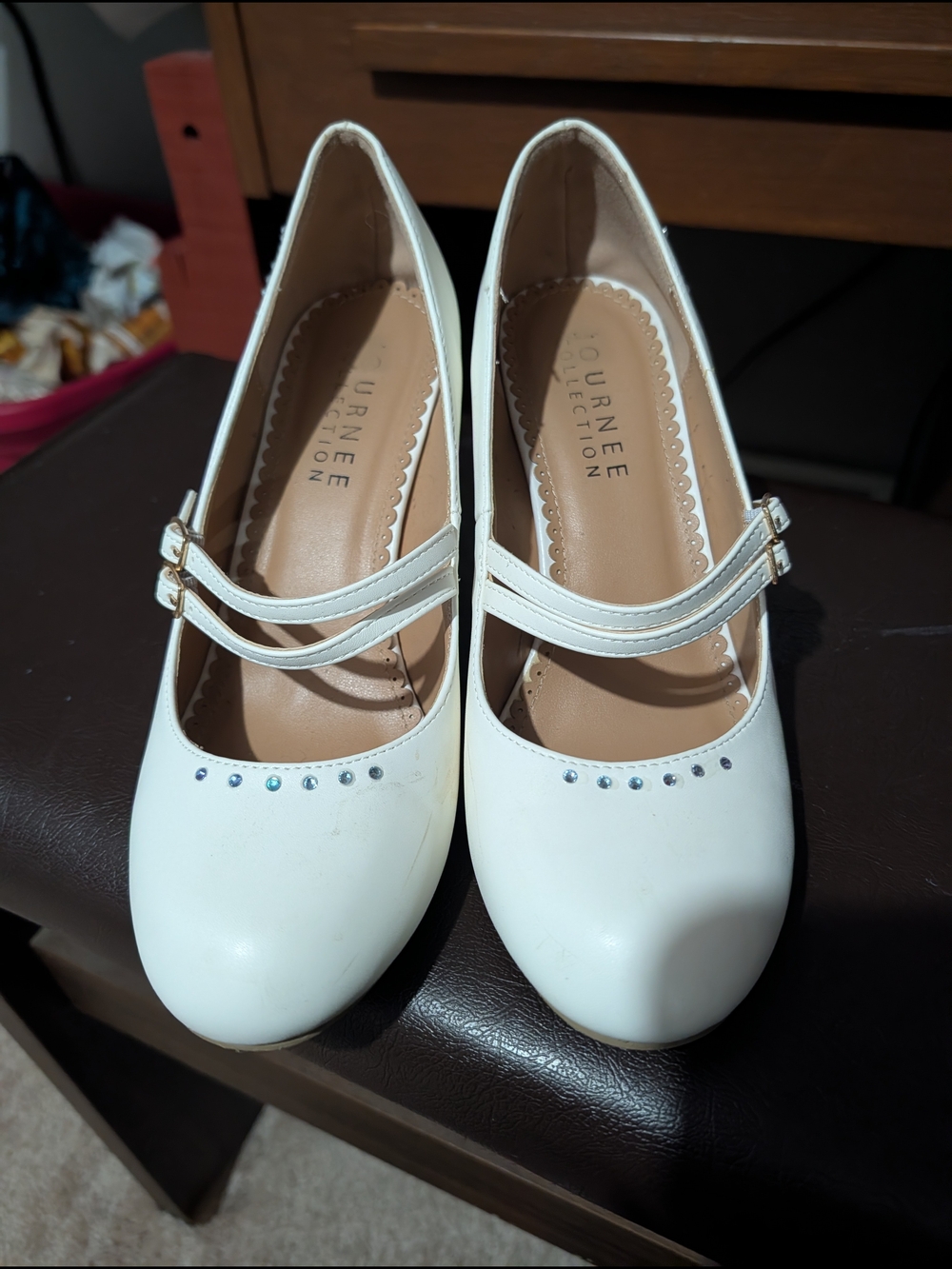 Journee Collection Women's White Mary Jane Pumps with Rhinestone Detail